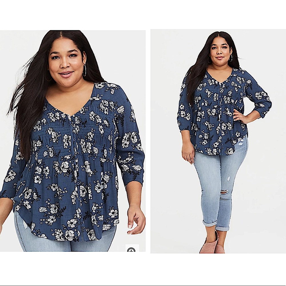 TORRID Blue Floral Smocked Gauze Blouse 2X